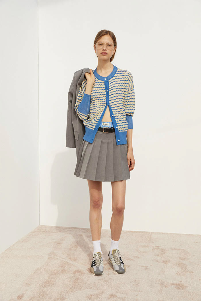 Gray pleated skirt blue shirt hotsell